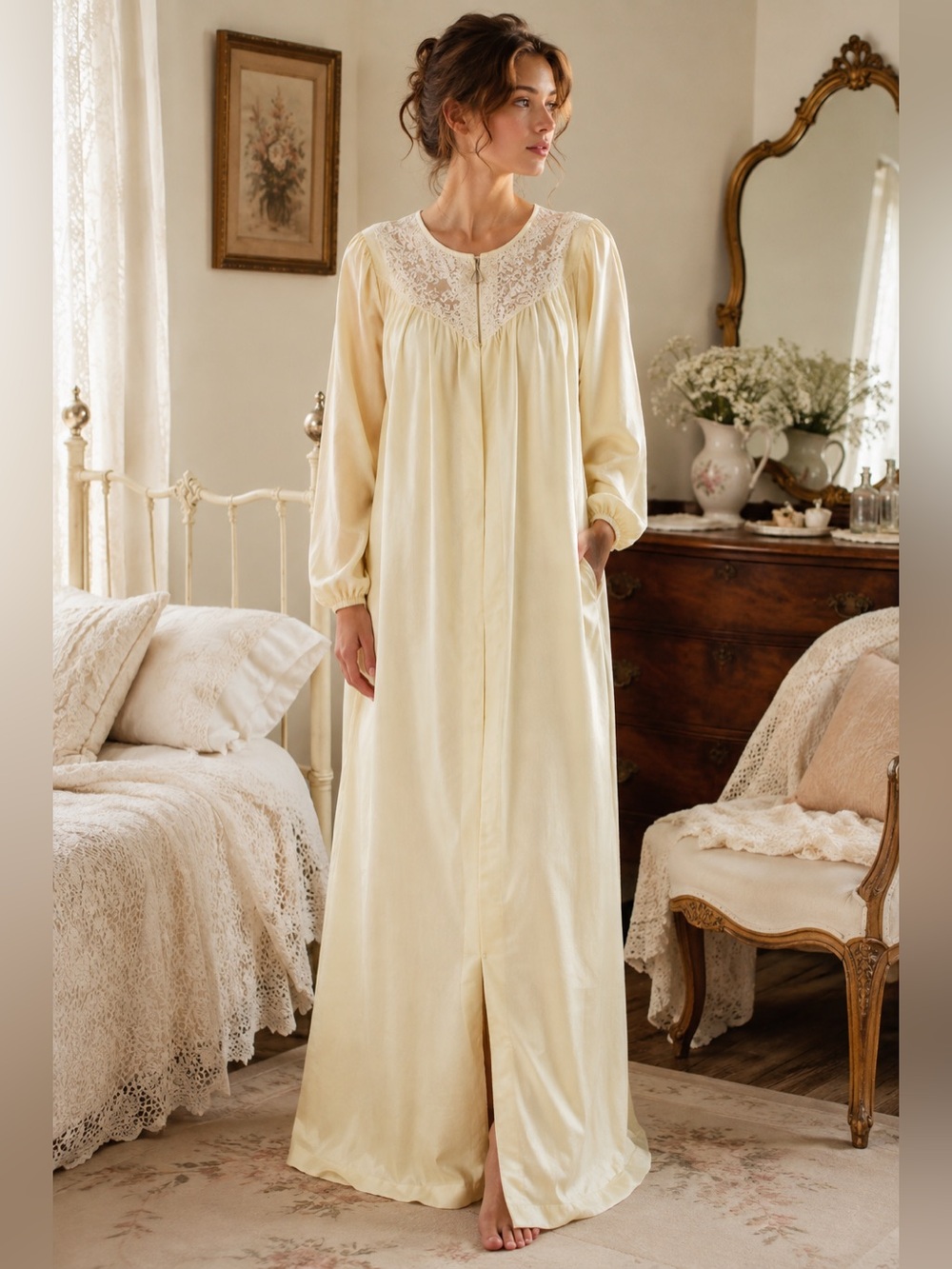 NWT Vtg Anne Leslie Lace Maxi Robe Cottagecore Housecoat S Romantic Grannycore